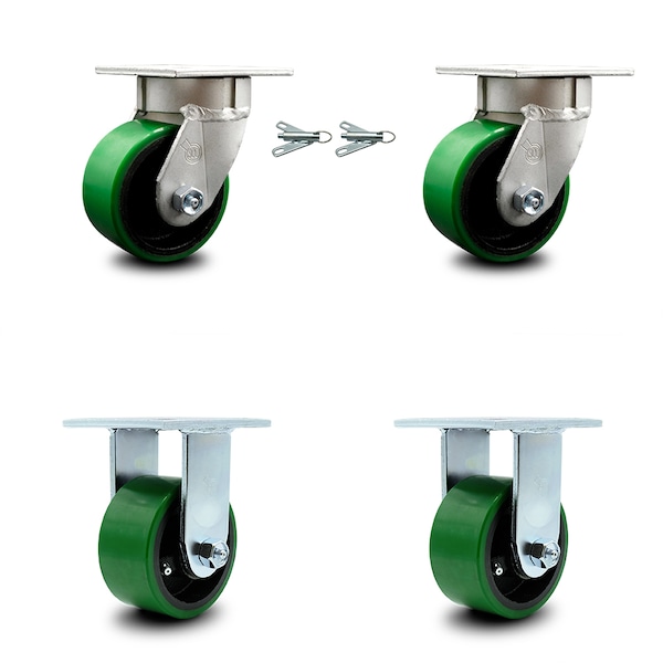4 Inch Kingpinless Green Poly on Steel Wheel Caster Swivel Locks 2 Rigid, 2PK